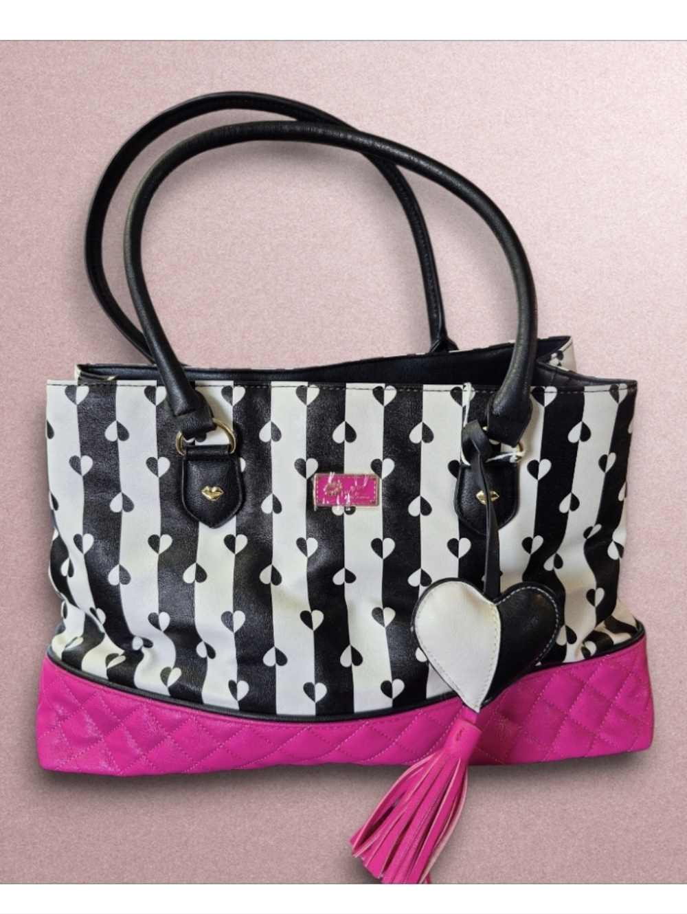 Betsey Johnson Black & White Heart Stripe Tote with Hot Pink Trim